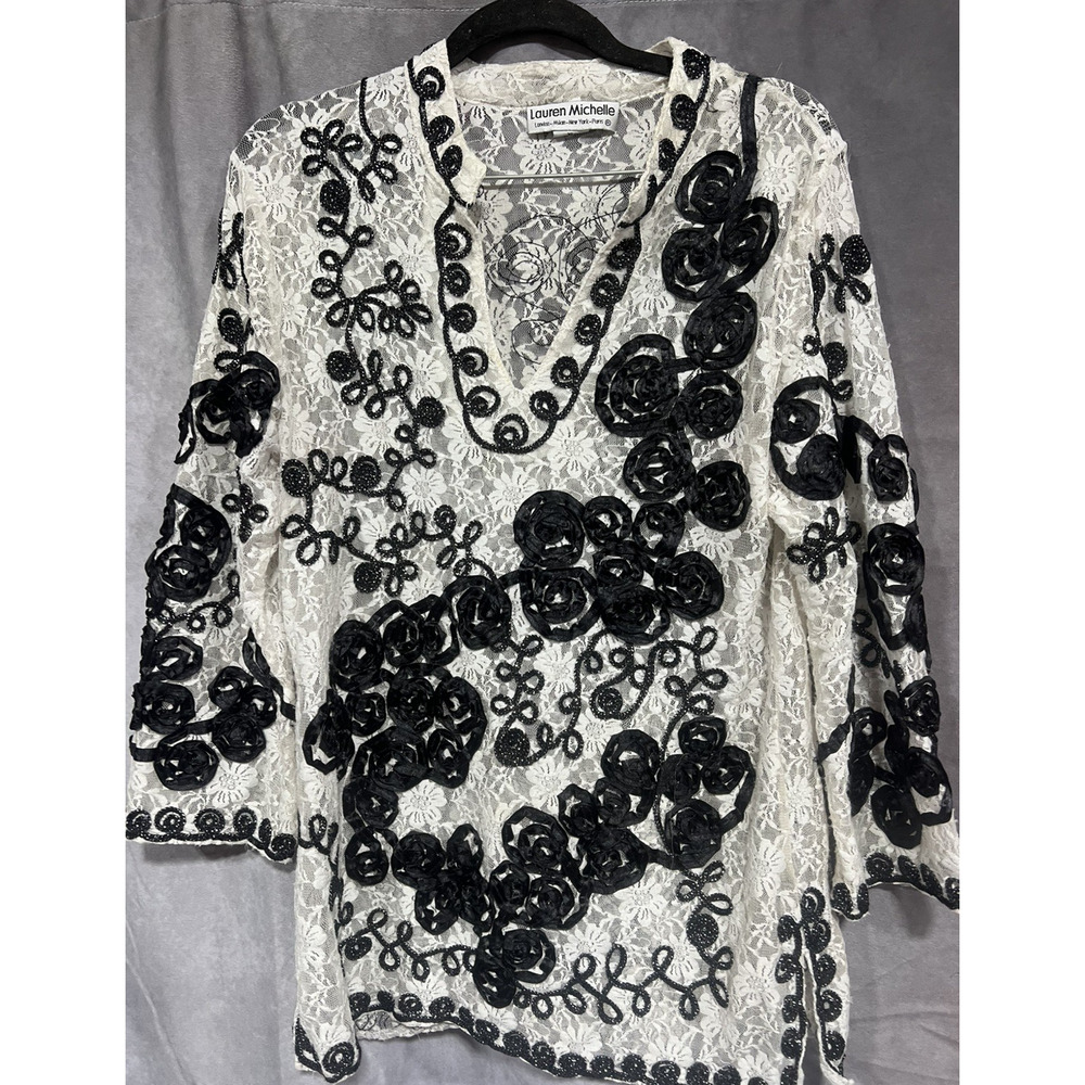 Lauren Michelle White Lace Top Black Ribbon Roses Soutache Metallic Embellished - Picture 1 of 3